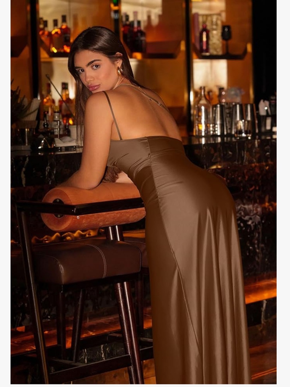 OYS Formal Gown Sexy One Shoulder High Slit Satin Brown Med & Large Glam - Picture 5 of 7